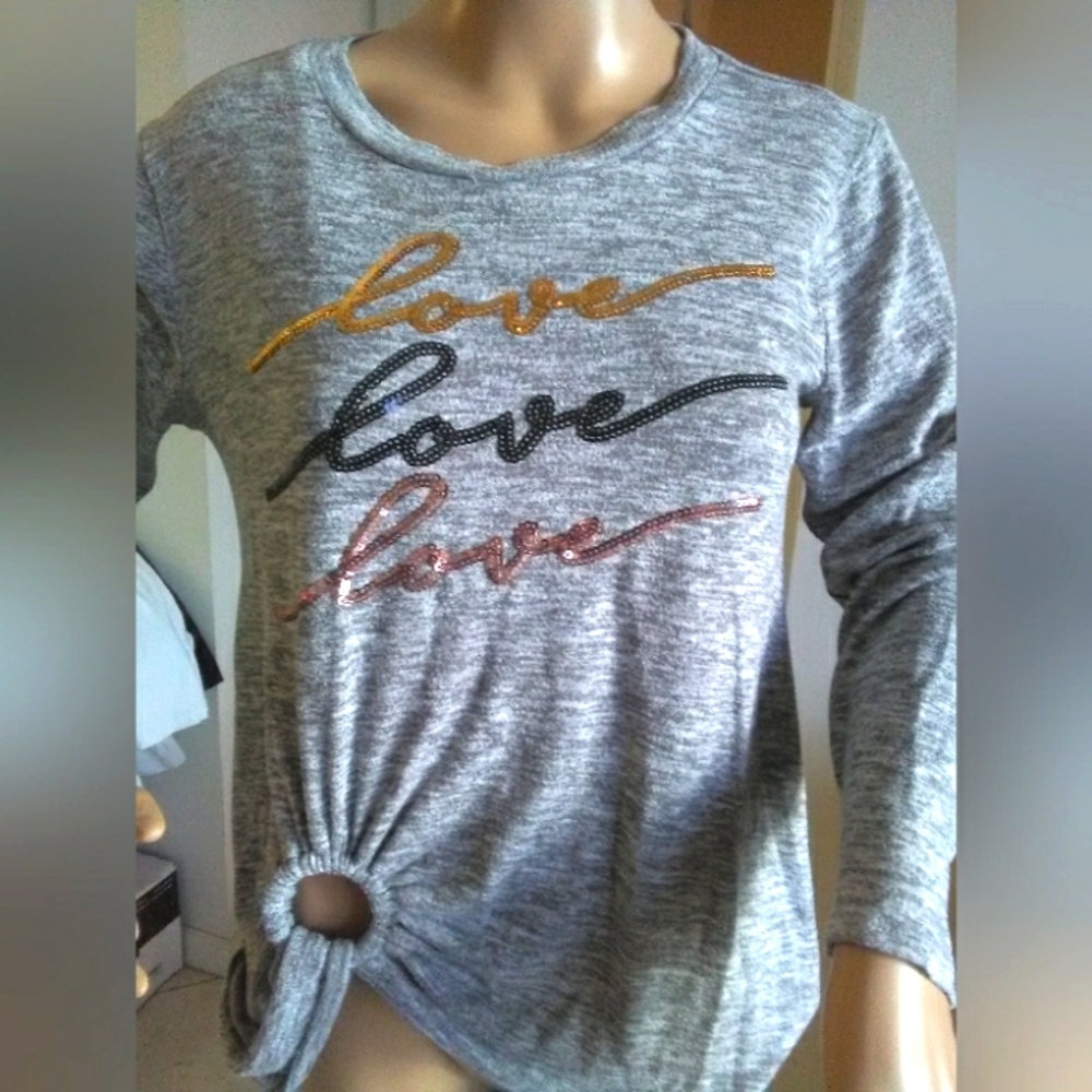 SUPER LOVE BLOUSE SIDE TIE GREY LONG SLEEVE SZ.SM SEQUINS